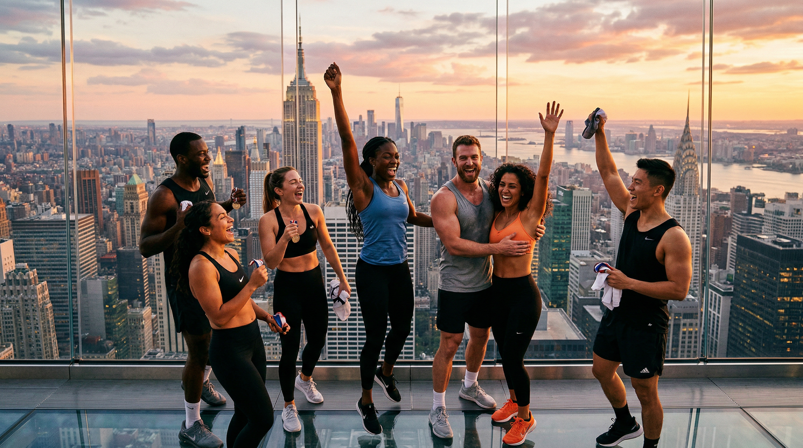 Stair Society members celebrating at the top of a NYC skyscraper