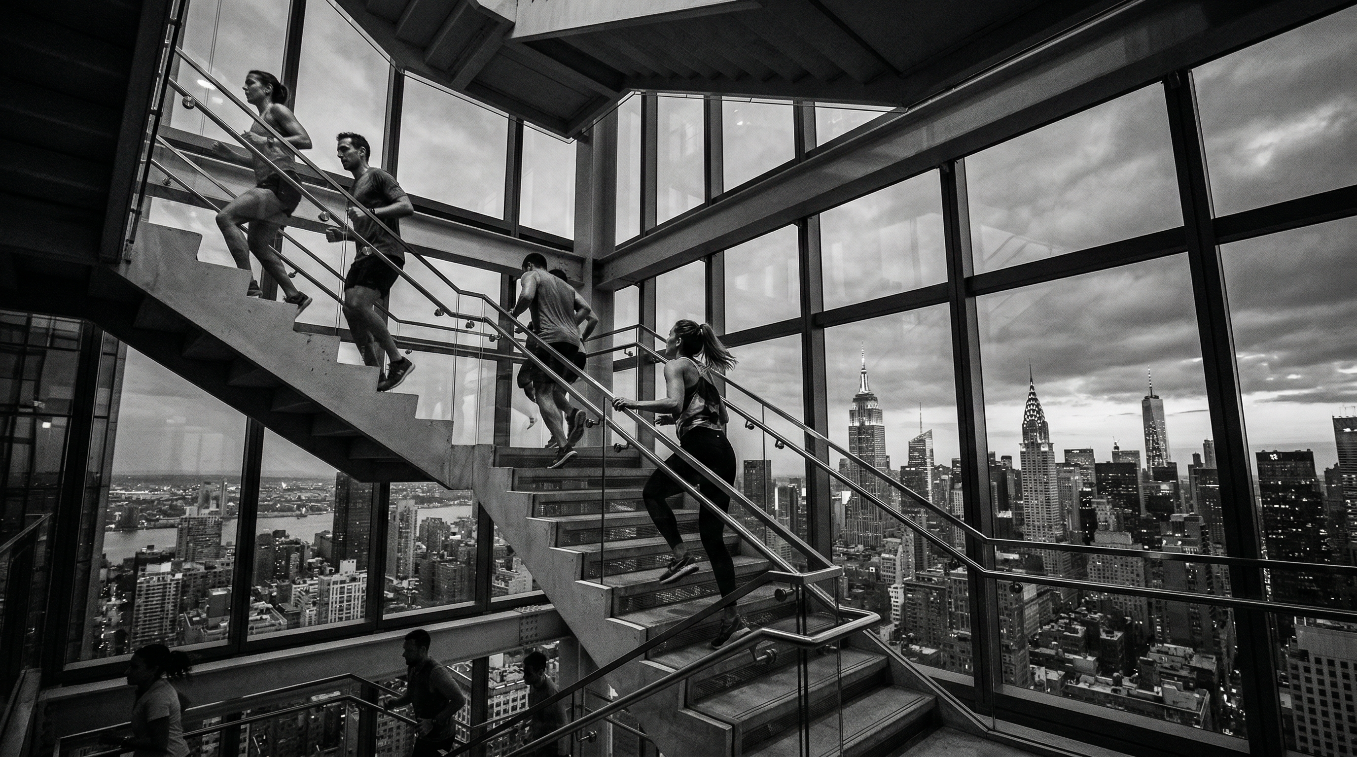 Athletes climbing stairs inside a glass skyscraper with the NYC skyline behind them