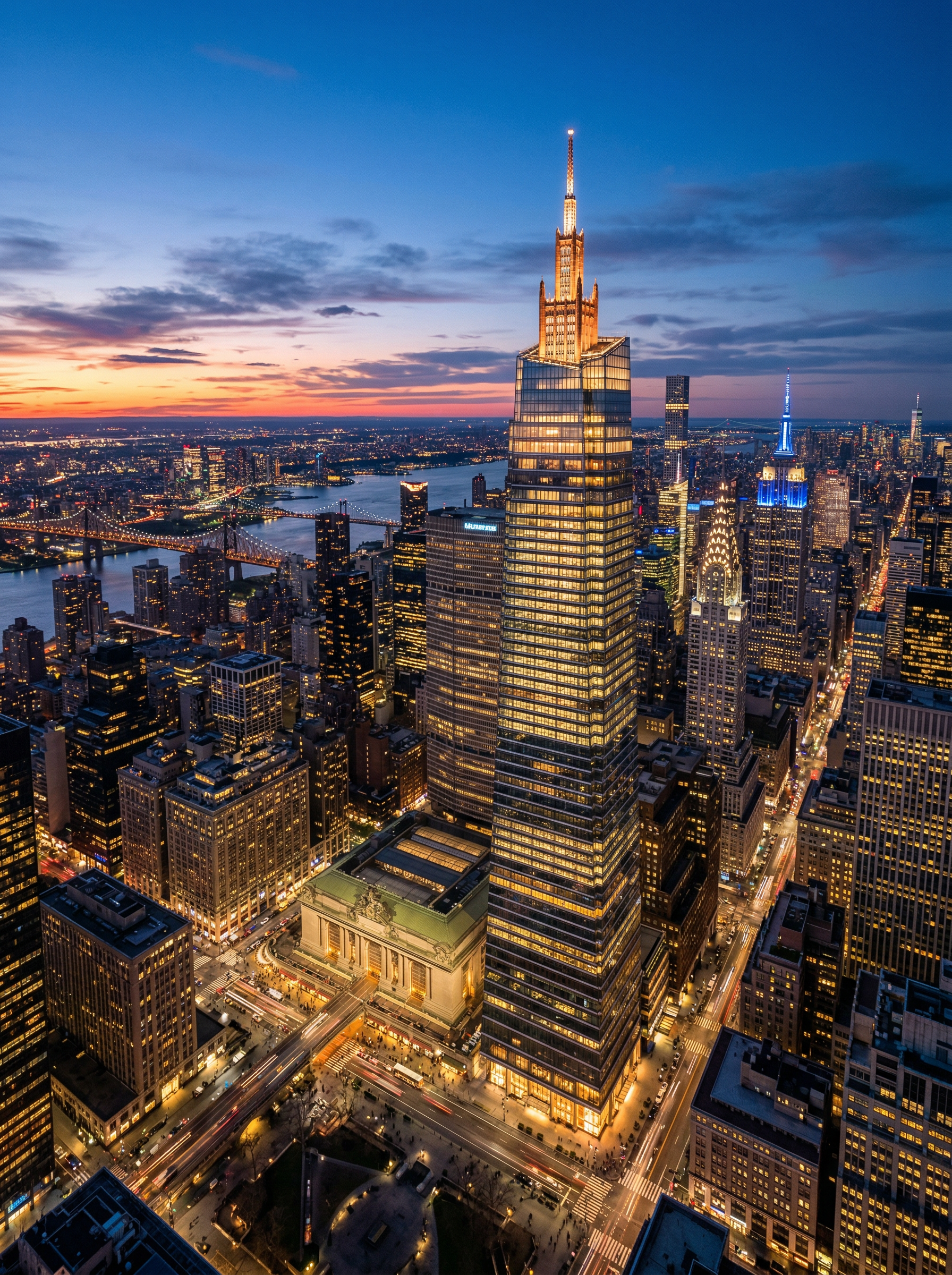 One Vanderbilt skyscraper at night, aerial view over Midtown Manhattan